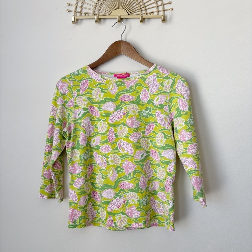 Key West Vintage Preppy Coastal Seashell Print T Shirt Top Medium